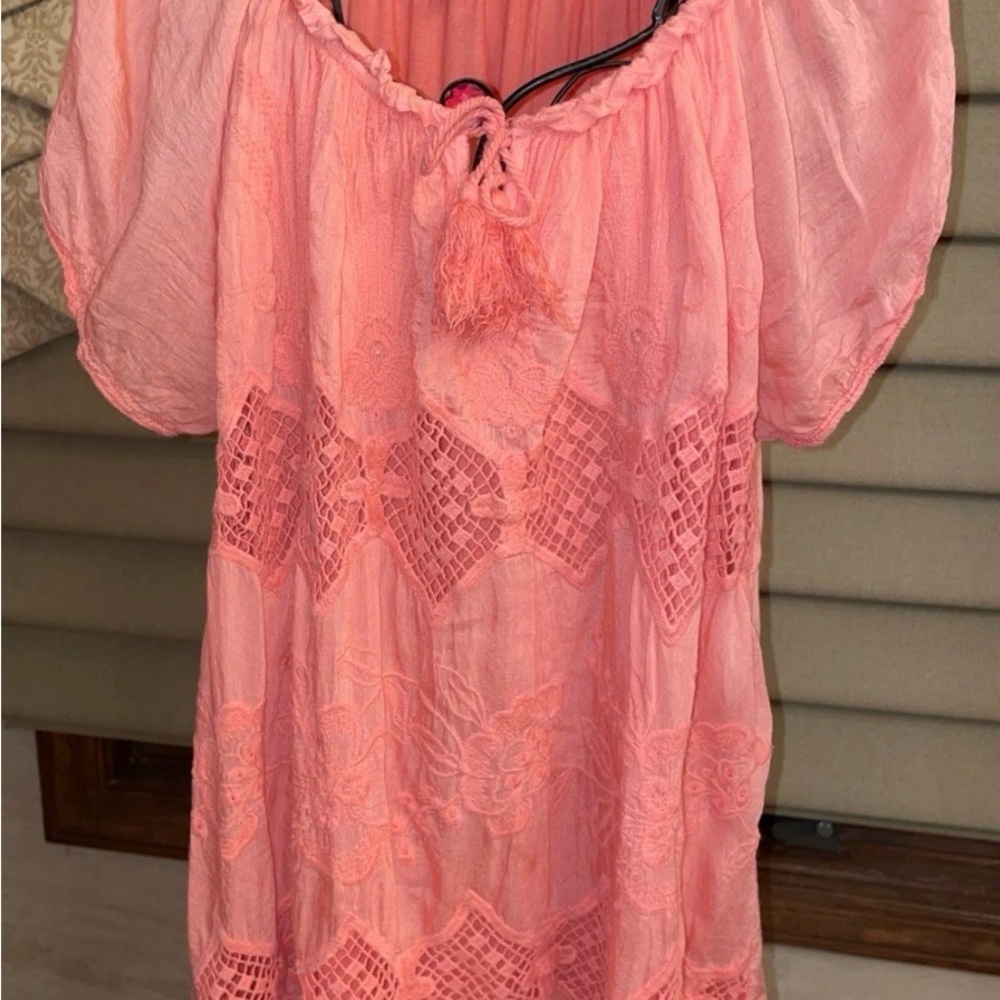 Belle France Short Sleeve Orange  Lined Blouse Size Large - Embroidered Detail